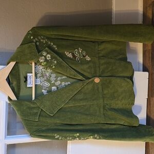 Live a Little Vintage 90s Green Corduroy Cottagecore Floral Embroidered Jacket